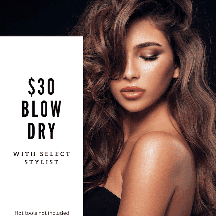 $30 blow dry offer with select stylist, image of woman with styled hair.